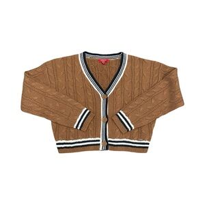 Guess Brown Cable Knit Cardigan with Striped Trim Size M NWOT Grannycore Fall